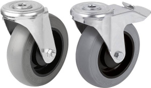 Norelem 95026-01 Steel plate swivel castors with soft rubber tyres and bolt hole